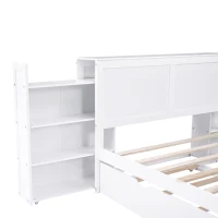 Full Size Storage Platform Bed with Pull Out Shelves, Twin Size Trundle, Solid Wood and MDF, 98" L x 89" W x 39.5" H, White(m-6)