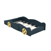 Twin Size Race Car-Shaped Platform Bed with Wheels and Storage, Solid Wood and MDF, 90.5" L x 40" W x 15.5" H, Dark Blue(m-14)