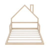 Full Size Wood Floor Bed with House-Shaped Headboard, Sturdy Pine Wood Construction, Easy Assembly, 78" L x 56.5" W x 46.5" H, Natural(m-6)