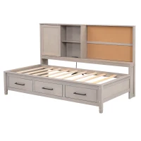 Twin Size Lounge Daybed with Storage Shelves, Cork Board, USB Ports, and 3 Drawers, 78.5" L x 50" W x 51" H, Antique Gray(m-15)