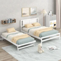 Full Size Platform Bed with Adjustable Trundle, Solid Pine Wood and MDF, 78" L x 97.5" W x 39.5" H, White(m-4)