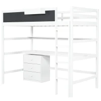 Wood Twin Size Loft Bed with Desk, Blackboard, Storage Box, Shelf, and 3 Drawers, 79" L x 42" W x 69.5" H, White(m-12)