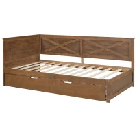Vinsetto Twin Size Wood Daybed with Trundle, Rustic Guardrail, Solid Wood Construction, 77.5" L x 42" W x 33.5" H, Brown(m-2)