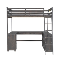 Full Size Loft Bed with U-shaped Desk, Drawers, Storage Shelves, and Sturdy Wood Frame, 77.5" L x 70" W x 75.5" H, Antique Brown