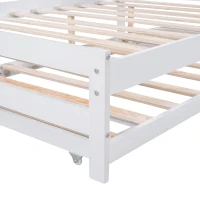 Full Size Platform Bed with Adjustable Trundle, Solid Pine Wood and MDF, 78" L x 97.5" W x 39.5" H, White(m-7)