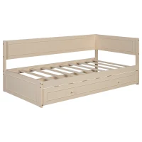 Vinsetto Vintage Style Twin Size Wood Daybed with Trundle and Guardrail, Solid Wood Construction, 77" L x 40.5" W x 31.5" H, Beige(m-2)