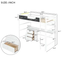 Wood Twin Size Loft Bed with Desk, Blackboard, Storage Box, Shelf, and 3 Drawers, 79" L x 42" W x 69.5" H, White(m-3)