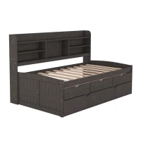 Classic Style Twin Size Wooden Captain Bed with Built-in Bookshelves, 3 Storage Drawers, and Trundle, 77.5" L x 88" W x 47" H, Antique Gray(m-8)