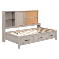 Twin Size Lounge Daybed with Storage Shelves, Cork Board, USB Ports, and 3 Drawers, 78.5" L x 50" W x 51" H, Antique Gray(m-2)