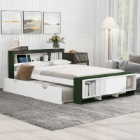Vinsetto Full Size Platform Bed with Trundle, Storage Headboard and Footboard, USB Charging Ports, 92.5" L x 97.5" W x 32.5" H, White+Green(m-5)