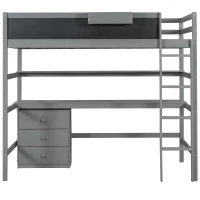 Wood Twin Size Loft Bed with Desk, Blackboard, Storage Box, Shelf, and 3 Drawers, 79" L x 42" W x 69.5" H, Gray(m-2)