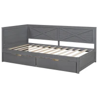 Vinsetto Twin Size Wood Daybed with 2 Drawers, Rustic Guardrail, Solid Pine Wood and MDF, 77.5" L x 42" W x 33.5" H, Grey(m-13)