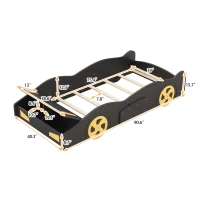 Twin Size Race Car-Shaped Platform Bed with Wheels and Storage, Solid Wood and MDF, 90.5" L x 40" W x 15.5" H, Black(m-3)