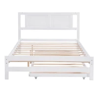 Full Size Platform Bed with Adjustable Trundle, Solid Pine Wood and MDF, 78" L x 97.5" W x 39.5" H, White(m-2)
