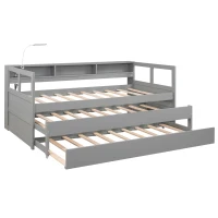 Twin XL Wood Daybed with 2 Trundles, 3 Storage Cubbies, Free Light and USB Charging, 82" L x 129.5" W x 35.5" H, Gray(m-13)