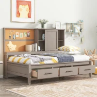 Twin Size Lounge Daybed with Storage Shelves, Cork Board, USB Ports, and 3 Drawers, 78.5" L x 50" W x 51" H, Antique Gray(m-4)