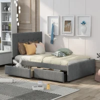 Vinsetto Full Size Linen Upholstered Platform Bed with Headboard and 2 Drawers, Solid Wood Frame, Built-in Slats, 79" L x 58" W x 47" H, Gray(m-1)
