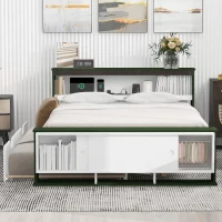 Vinsetto Full Size Platform Bed with Trundle, Storage Headboard and Footboard, USB Charging Ports, 92.5" L x 97.5" W x 32.5" H, White+Green(m-1)