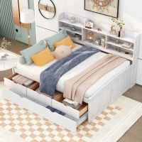 Classic Style Full Size Wooden Captain Bed with Built-in Bookshelves, 3 Storage Drawers, and Trundle, 79" L x 104.5" W x 47" H, White(m-5)
