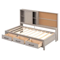 Twin Size Lounge Daybed with Storage Shelves, Cork Board, USB Ports, and 3 Drawers, 78.5" L x 50" W x 51" H, Antique Gray(m-13)