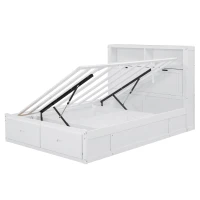 Wood Full Size Hydraulic Platform Bed with Storage LED Headboard, Charging Station, and 2 Drawers, 86" L x 56.5" W x 47" H, White(m-16)
