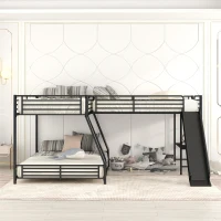 L-Shaped Twin over Full Bunk Bed with Twin Loft, Built-in Desk, Slide, Metal Frame, 117.5" L x 77.5" W x 53" H, Black(m-4)