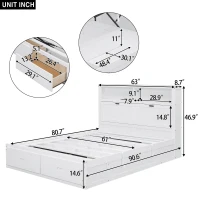Wood Queen Size Hydraulic Platform Bed with Storage LED Headboard, Charging Station, and 2 Drawers, 90.5" L x 63" W x 47" H, White(m-3)