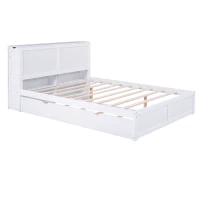 Queen Size Storage Platform Bed with Pull Out Shelves and Twin XL Trundle, Solid Wood and MDF, 111.5" L x 93.5" W x 39.5" H, White(m-10)