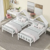 Double Twin Size Platform Bed with House-Shaped Headboard, Built-in Nightstand, Solid Wood Construction, 99.5" L x 78" W x 48" H, White(m-4)