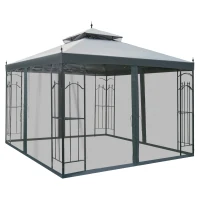 Outsunny 10' x 10' Patio Gazebo with Corner Frame Shelves, Double Roof Outdoor Gazebo Canopy Shelter with Netting for Patio, Wedding, Catering & Events, Gray(m-1)