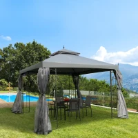 Outsunny 10' x 10' Patio Gazebo with Corner Frame Shelves, Double Roof Outdoor Gazebo Canopy Shelter with Netting for Patio, Wedding, Catering & Events, Gray(m-10)