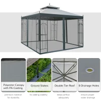 Outsunny 10' x 10' Patio Gazebo with Corner Frame Shelves, Double Roof Outdoor Gazebo Canopy Shelter with Netting for Patio, Wedding, Catering & Events, Gray(m-4)