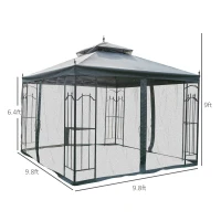 Outsunny 10' x 10' Patio Gazebo with Corner Frame Shelves, Double Roof Outdoor Gazebo Canopy Shelter with Netting for Patio, Wedding, Catering & Events, Gray(m-3)