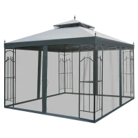 Outsunny 10' x 10' Patio Gazebo with Corner Frame Shelves, Double Roof Outdoor Gazebo Canopy Shelter with Netting for Patio, Wedding, Catering & Events, Gray(m-11)