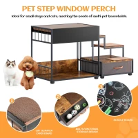 Dog Window Perch with Steps, Non-Slip Pad, Storage Drawer, and Sponge Cushion, Pet Bunk Bed, 47.5" L x 20" W x 25.5" H, Black+Vintage(m-4)