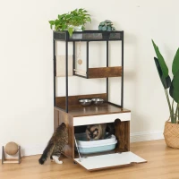 Cat Litter Box Enclosure with Cat Tree Tower, Multi-Functional Cat Furniture Cabinet, 23.5" L x 19" W x 48.5" H, White+Vintage(m-7)