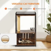 Indoor Cat Condo with Scratching Posts and Feeding Station, Multifunctional Furniture Style Cat House, 20.5" L x 16" W x 33.5" H, White+Vintage(m-4)