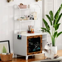 Graffiti Litter Box Enclosure with 2 Shelves and Chalkboard Door, Indoor Cat House for Most Litter Boxes, 30" L x 19" W x 55" H, White+Vintage(m-8)