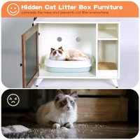 Graffiti Litter Box Enclosure with 2 Shelves and Chalkboard Door, Indoor Cat House for Most Litter Boxes, 30" L x 19" W x 55" H, White+Vintage(m-5)