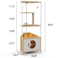 Corner Multi-Level Cat Tower and Condo with Scratching Post, Feeding Station, 25" L x 16" W x 58.5" H, White+Light Oak(m-3)