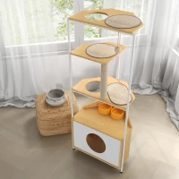 Corner Multi-Level Cat Tower and Condo with Scratching Post, Feeding Station, 25" L x 16" W x 58.5" H, White+Light Oak(m-7)