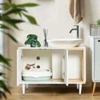 Wooden Bathroom Sink Cabinet with Cat Litter Box Enclosure and Divider, Cat House for Large Cats, 33" L x 21.5" W x 23.5" H, White+Vintage(m-8)