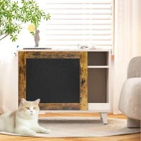 Modern Cat Litter Box Enclosure Furniture with Scratching Pad and Chalkboard Doors, Particle Board, 30.5" L x 20" W x 24" H, White+Vintage(m-1)
