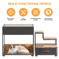 Dog Window Perch with Steps, Non-Slip Pad, Storage Drawer, and Sponge Cushion, Pet Bunk Bed, 47.5" L x 20" W x 25.5" H, Black+Vintage(m-5)