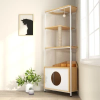 Corner Multi-Level Cat Tower and Condo with Scratching Post, Feeding Station, 25" L x 16" W x 58.5" H, White+Light Oak(m-4)