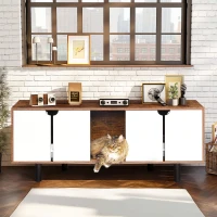 Indoor Cat House Cabinet TV Stand End Table for 2 Cats, Double Hidden Litter Box Furniture, 59" L x 19" W x 23" H, White+Vintage(m-1)