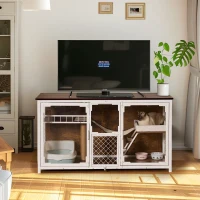 Wooden Multifunctional Cat House TV Stand with Resting, Entertainment, Dining, and Bathroom Areas, 58" L x 23" W x 32" H, White+Vintage(m-1)