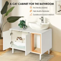 Wooden Bathroom Sink Cabinet with Cat Litter Box Enclosure and Divider, Cat House for Large Cats, 33" L x 21.5" W x 23.5" H, White+Vintage(m-5)