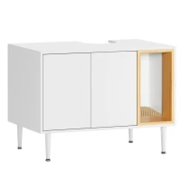 Wooden Bathroom Sink Cabinet with Cat Litter Box Enclosure and Divider, Cat House for Large Cats, 33" L x 21.5" W x 23.5" H, White+Vintage(m-9)