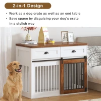 Heavy Duty Wooden Dog Crate with Storage Drawers, Furniture Style Double Door Side Cabinet, 44.5" L x 23" W x 33.5" H, White+Walnut(m-5)